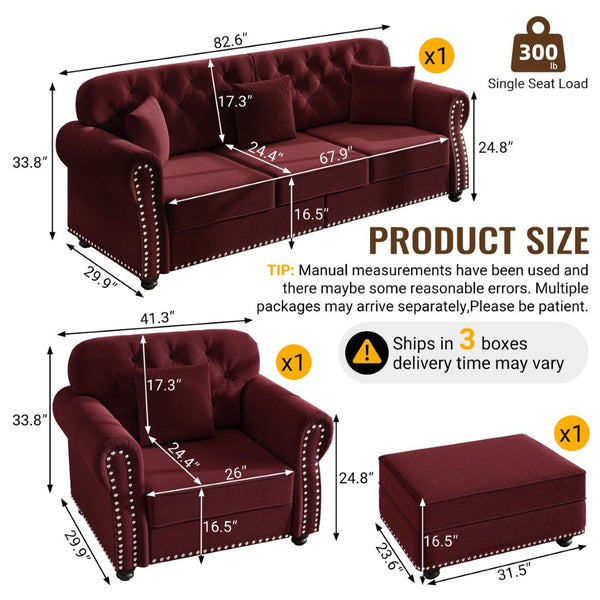 English Elm Upholstered Velvet Chesterfield Sofa with Button Tufting Brass Nailhead and Ottoman Burgundy W1885S00393