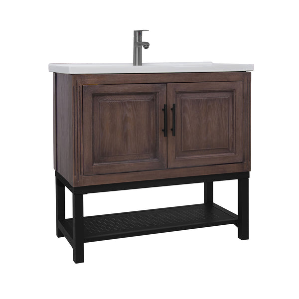 English Elm 36" Freestanding Bathroom Vanity with White Ceramic Sink, Adjustable Feet, Metal Hinges, Shelf Walnut W688P224383