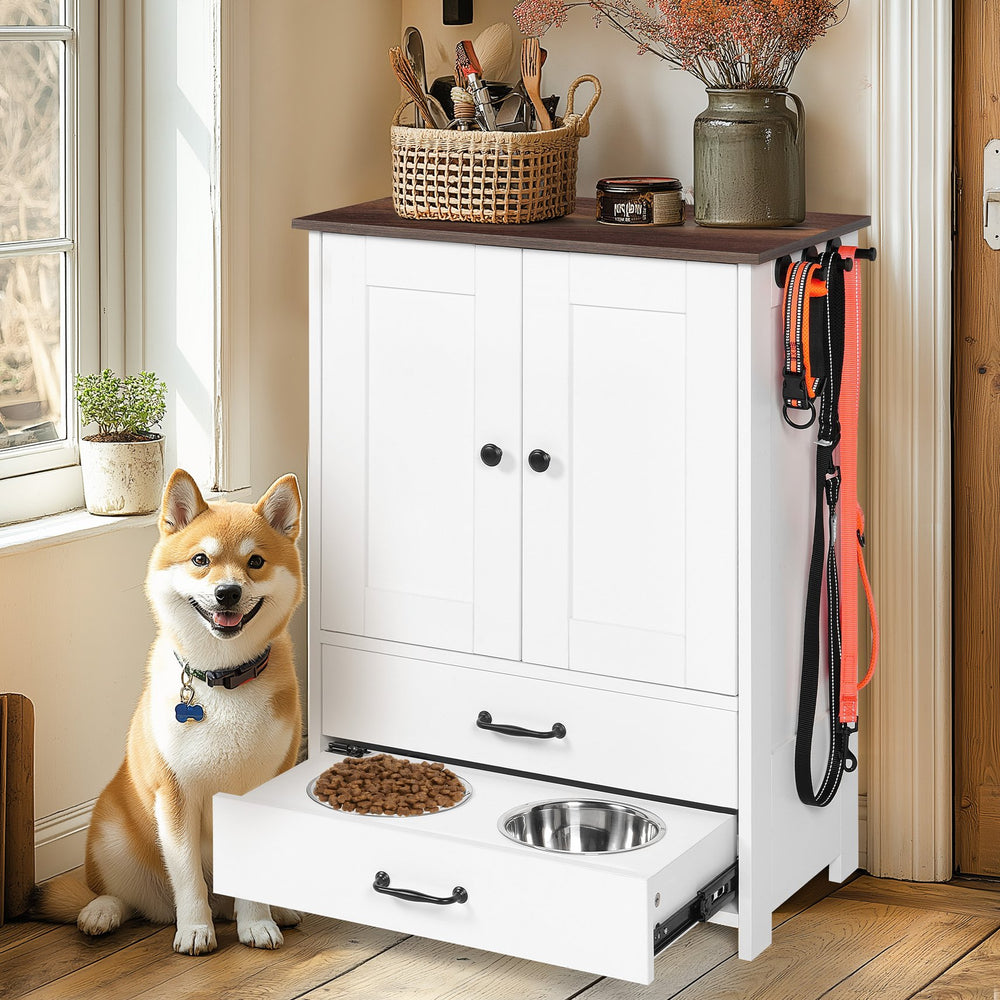 English Elm Dog feeding station with pull-out dual bowls, adjustable heights, storage locker & 3 side hooks, white W1687P270768