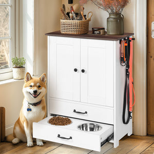 English Elm Dog feeding station with pull-out dual bowls, adjustable heights, storage locker & 3 side hooks, white W1687P270768