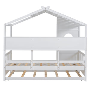 English Elm Wooden Twin House Bed with Trundle and 3 Back Shelves, Pine Frame Playful Loft Design for Kids White 41.7 L x 16.25 W x 6 H N733S316110K