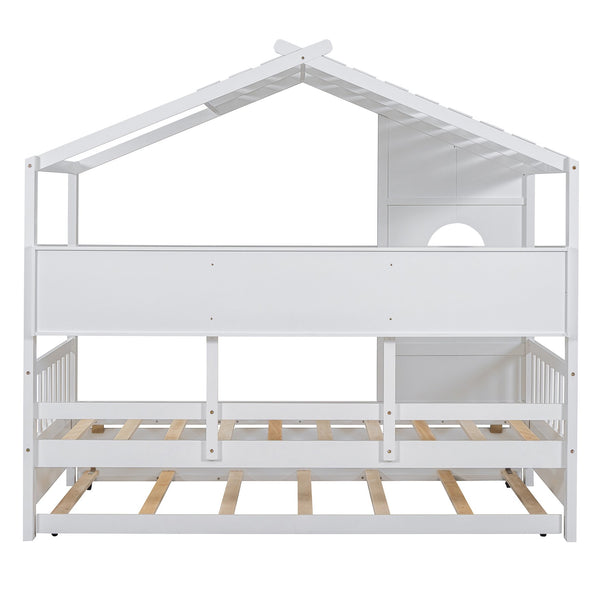 English Elm Wooden Twin House Bed with Trundle and 3 Back Shelves, Pine Frame Playful Loft Design for Kids White 41.7 L x 16.25 W x 6 H N733S316110K