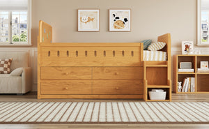 English Elm Wooden Full Bed Frame with Led Headboard Four Storage Drawers and Ladder Shelf Wood N7090004028D