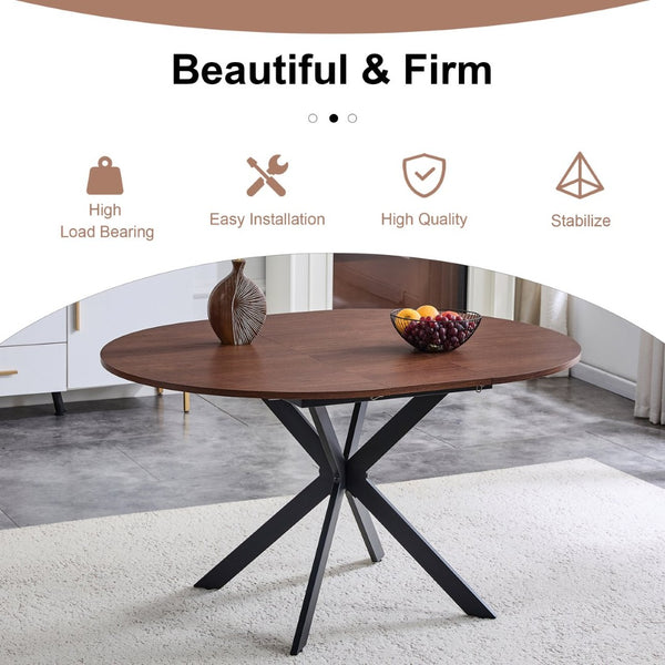 English Elm Extendable Round Dining Table Walnut Grain Top Matte Black Base Seats 4 to 6 W3875S00001