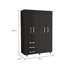 English Elm Hamilton Mobile Armoire with 4 Doors, 3 Drawers, Dual Hanging Rods and Multiple Shelves for Organized Storage and Durable Engineered Wood Finish Black 70.47 L x 23.23 W x 4.33 H B097S00229