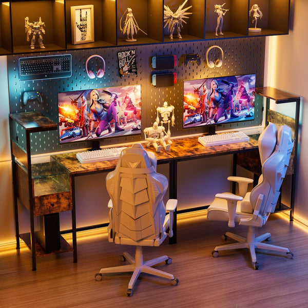 English Elm Computer Gaming Desk with RGB LED Lights, Reversible 4-Tier Shelves, Drawer & Headphone Hook, Space-Saving Workstation Brown W578P191951