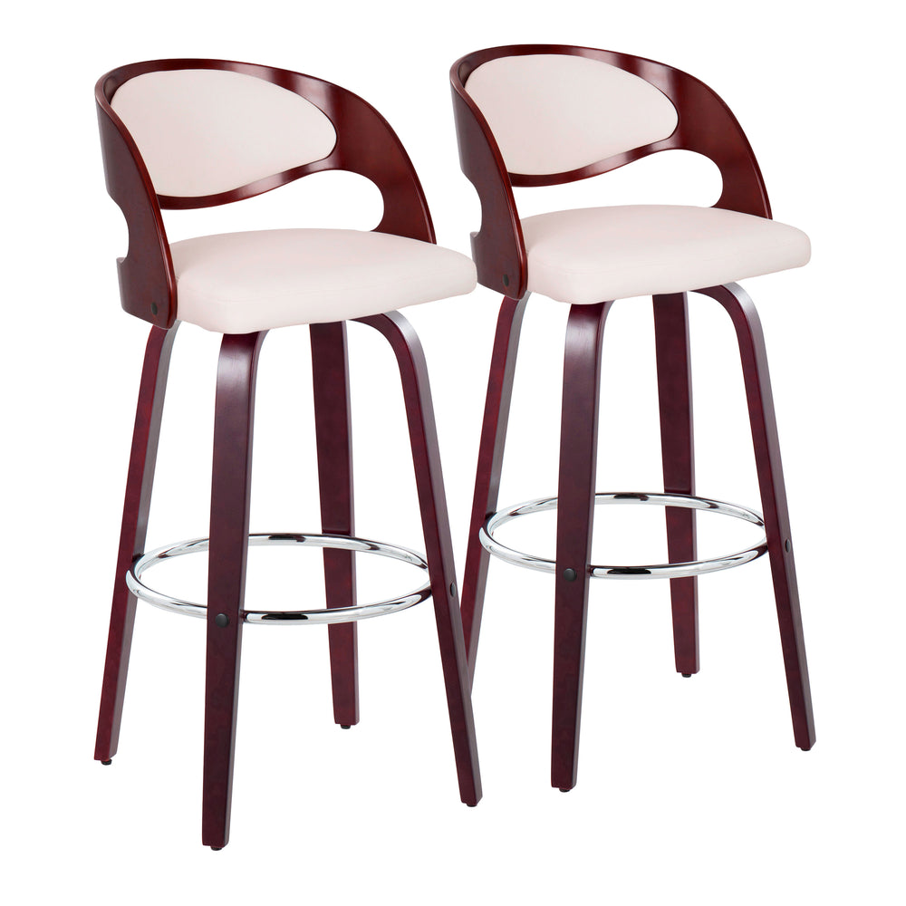 English Elm Pino 30" Mid-Century Barstool Set of 2 — 360° Swivel, White Faux Leather, Cherry Wood Legs, Chrome Footrest B202S00635