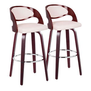 English Elm Pino 30" Mid-Century Barstool Set of 2 — 360° Swivel, White Faux Leather, Cherry Wood Legs, Chrome Footrest B202S00635