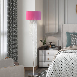 English Elm 65.75"H Sheer White Drum Shade Floor Lamp with Cascade Crystal Raindrops, Chrome Metal Elegance for Living Room Multicolor B072P220161