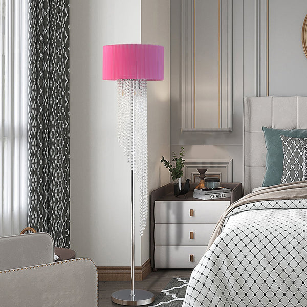 English Elm 65.75"H Sheer White Drum Shade Floor Lamp with Cascade Crystal Raindrops, Chrome Metal Elegance for Living Room Multicolor B072P220161