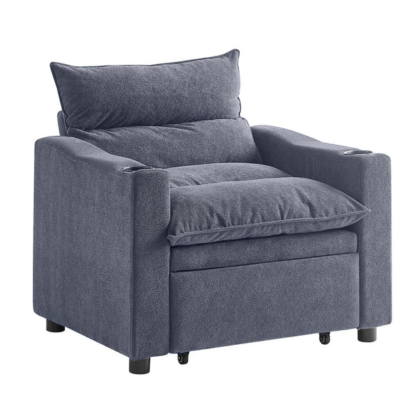 English Elm Sleeper 3-in-1 Convertible Sofa Chair Bed with Lychee Velvet, Adjustable Recline & Cup Holder Grey W1117P265779