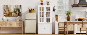 English Elm 75.25''H Retro Farmhouse Display Cabinet with Glass & Solid Doors, Adjustable Shelves, White Storage Elegance SN845P263124W