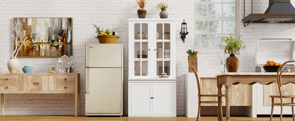 English Elm 75.25''H Retro Farmhouse Display Cabinet with Glass & Solid Doors, Adjustable Shelves, White Storage Elegance SN845P263124W