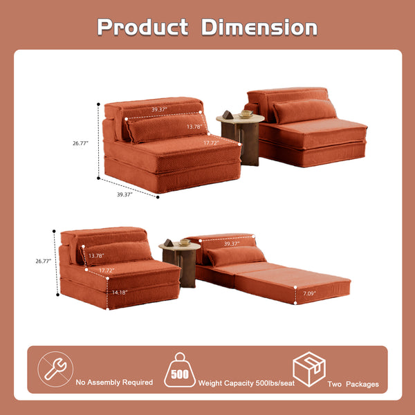 English Elm Compression Oversized Modular Sofa Bed - Versatile Floor Seating With Memory Foam & Pillows, Orange W3723S00046