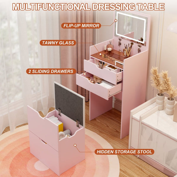 English Elm Dressing Table Set with Led Lit Flip Mirror Hidden Stool and Dual Drawers for Small Spaces W5252P447390