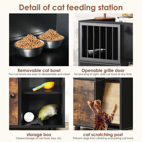 English Elm Cat Feeding Station with Lockable Storage Scratching Board and Elevated Steel Bowls W1687P232351