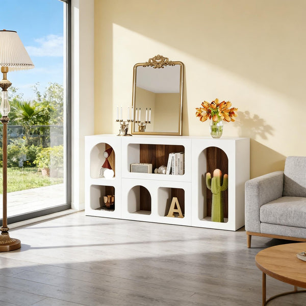 English Elm Chic White Mdf Console Table with Six Open Compartments for Entryway or Living Room T3971P449283