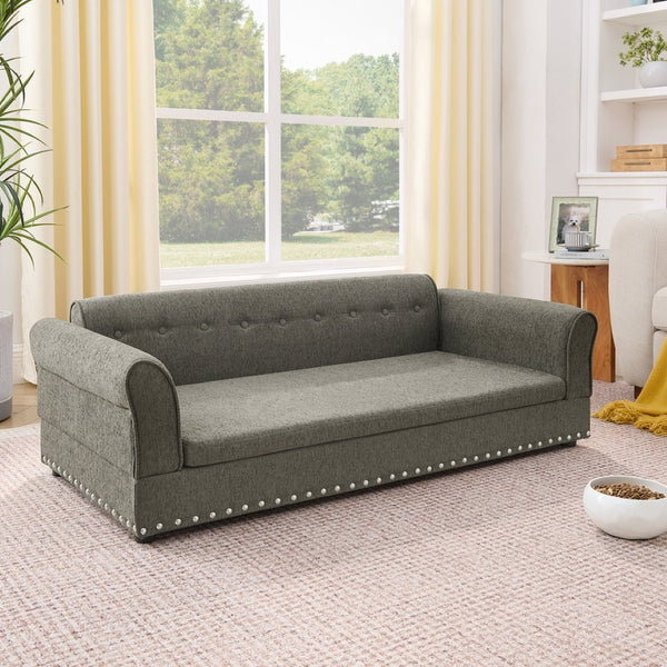 English Elm Oversized Dog Sofa Bed in Linen with Rubberwood Frame Armrests and Backrest Support W487P430329