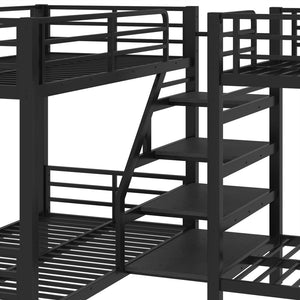 English Elm Twin L-shaped Steel Bunk Bed with Built-in Shelving and Full Guardrails Matte Black W1580S00439