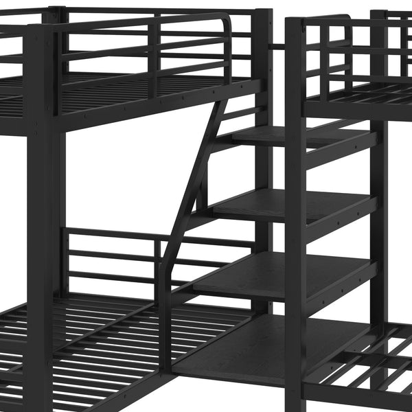 English Elm Twin L-shaped Steel Bunk Bed with Built-in Shelving and Full Guardrails Matte Black W1580S00439