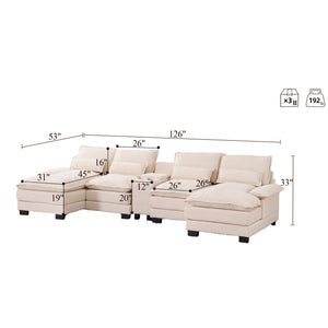 English Elm Modern U-shaped sofa with console, cupholders & USB ports — 6-seat sleeper with double chaise, chenille comfort W3401S00001