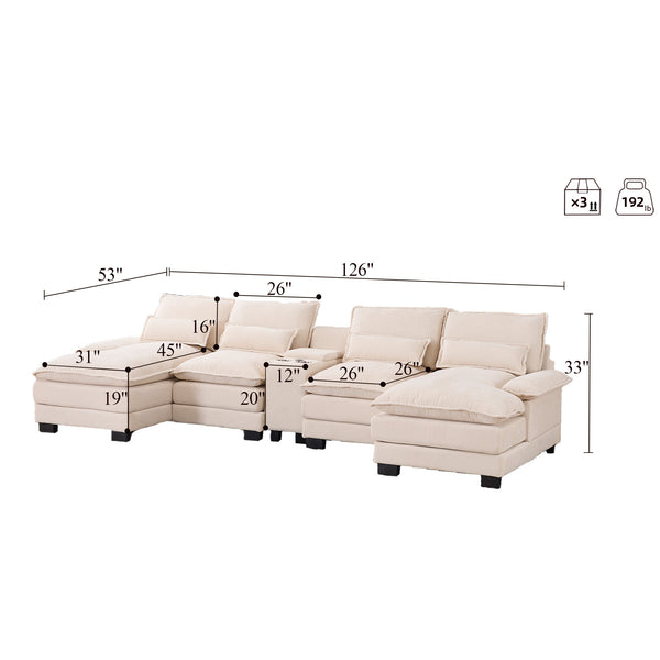English Elm Modern U-shaped sofa with console, cupholders & USB ports — 6-seat sleeper with double chaise, chenille comfort W3401S00001