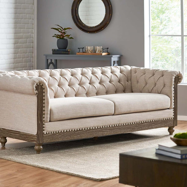 English Elm Christopher Knight Home® - Mirod Comfy 3-Seat Sofa with Birch Legs, Retro PU Upholstery, Foam & Pocket Spring Comfort Beige N760S0000032W