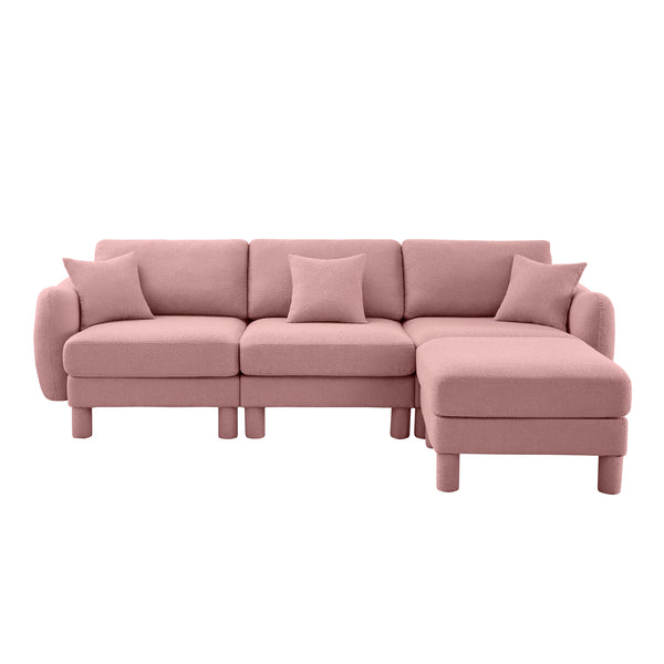 English Elm Boucle Fabric L-Shaped Sectional Sofa With Shell Armrests & Removable Ottoman In Soft Pink Elegance W3041S00293
