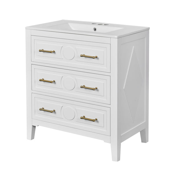 English Elm 30'' Bathroom Vanity with Ceramic Sink, Solid Wood Frame Retro Style Vanity with 3 Drawers & Gold Handles White N710P246209K