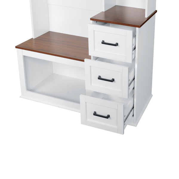 English Elm U-can Hall Tree with Storage Bench Three Drawers Open Shelves and Hooks for Entryway N724P380403K