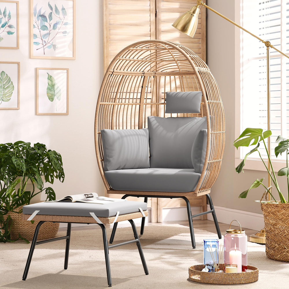 English Elm Outdoor Garden Wicker Egg Chair with Ottoman, Ergonomic Lumbar Support, Thick Weatherproof Cushions W2337P151815