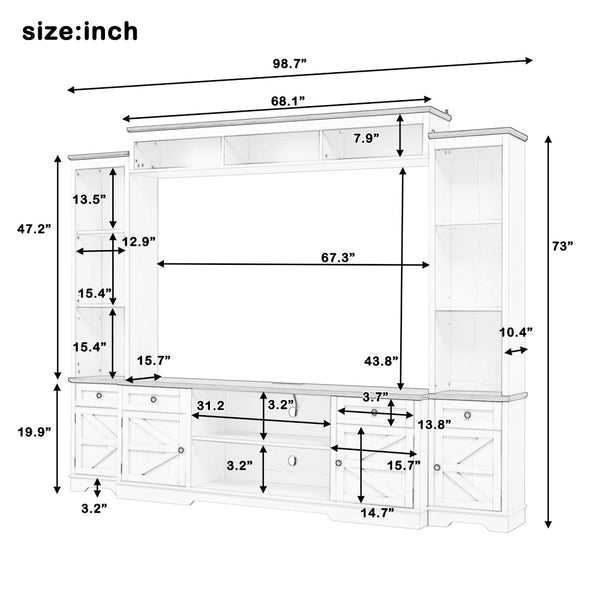 English Elm U-can Farmhouse Wall Unit with Barn Doors Built-in Power Outlets and Open Shelving Black+Brown SJ000154AAB