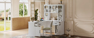 English Elm L-Shaped Corner Desk with 3 Cabinets, 2 Drawers & 11 Shelves, Built-In Power Outlet for Home Office White W1580S00188