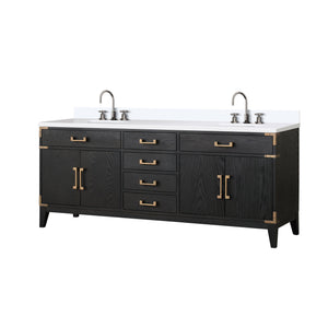 English Elm Black Oak Double Bath Vanity With White Quartz Top & Chrome Faucet Set - Modern, Stylish & Durable B2731P260971
