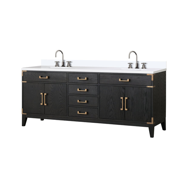 English Elm Black Oak Double Bath Vanity With White Quartz Top & Chrome Faucet Set - Modern, Stylish & Durable B2731P260971