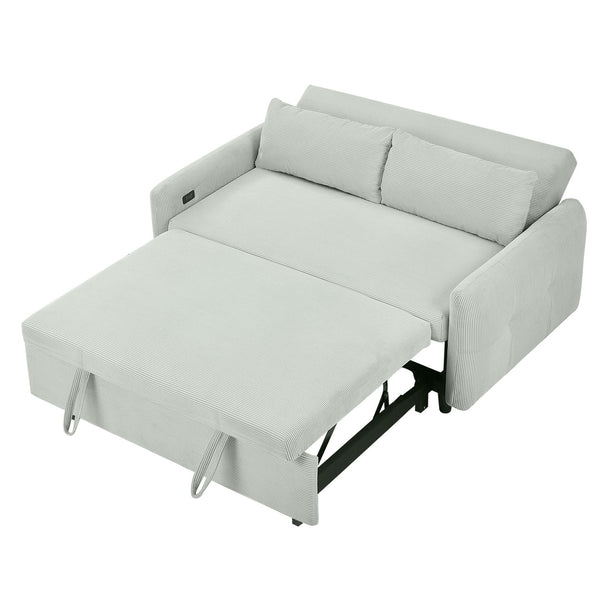 English Elm 57.48" Pull-out Sofa Bed Loveseat with USB Ports, Corduroy Upholstery, Pocket Spring Comfort, Compact Convertible Sleeper Pale Green N719P185194E