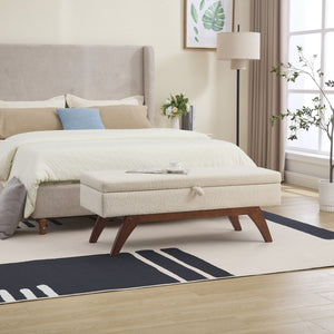 English Elm COOLMORE Teddy fabric storage bench with solid wood feet, hidden compartment for tidy bedroom organization Beige W1539P242728