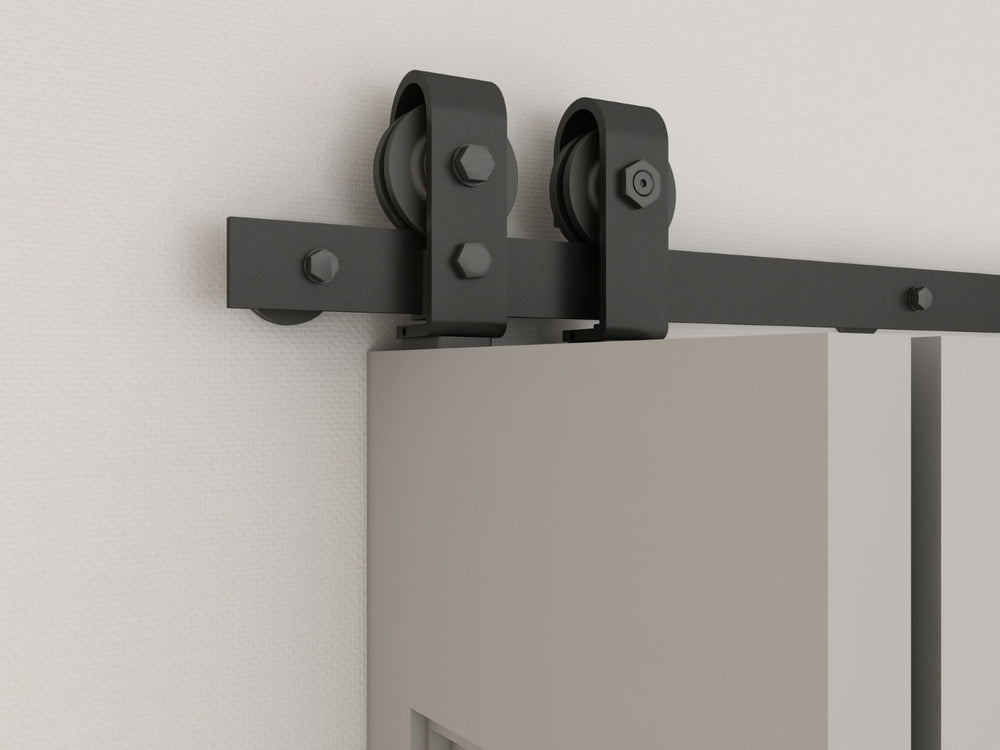 English Elm 30 in Matte Black Steel Sliding Barn Door Frosted Glass Privacy Panel with Hardware B2763P484472