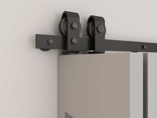 English Elm 30 in Matte Black Steel Sliding Barn Door Frosted Glass Privacy Panel with Hardware B2763P484472