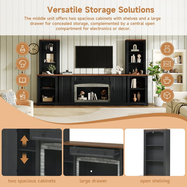 English Elm 3-piece Farmhouse Entertainment Center with Curved Cabinets Walnut Mdf Modular Living Room Black N721S000068B