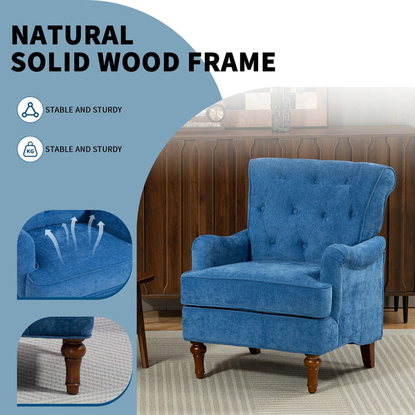 English Elm Accent Light Blue Chenille Accent Chair with Spring Cushion, Ergonomic Retro Wood Legs, 300lb Capacity W3042P390762