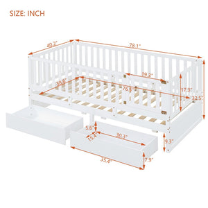 English Elm Twin Pinewood Daybed with Fence Guardrails Two Storage Drawers and Split Floor Bed White LP200881AAK
