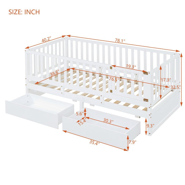 English Elm Twin Pinewood Daybed with Fence Guardrails Two Storage Drawers and Split Floor Bed White LP200881AAK