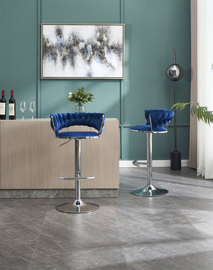 English Elm Set of 2 Velvet Bar Stools with Chrome Base Swivel Height Adjustment Plush Cushion Modern Comfort Blue W1249P247741