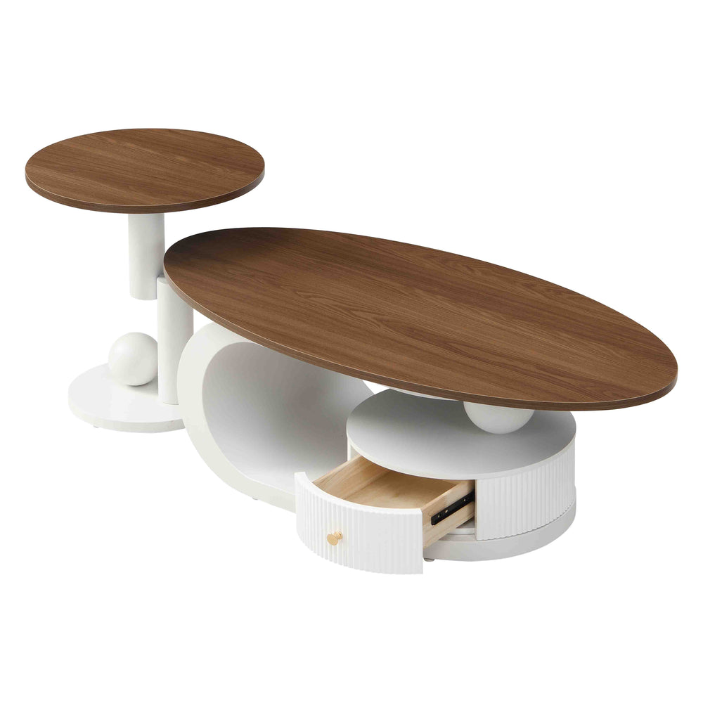 English Elm Luxury Nesting Coffee Table Set of 2 with Sturdy Metal Frame, Safe Rounded Design, Ample Storage and Anti-Slip Pads Antique Brown+White W821S00026