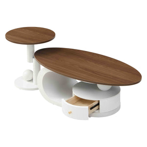 English Elm Luxury Nesting Coffee Table Set of 2 with Sturdy Metal Frame, Safe Rounded Design, Ample Storage and Anti-Slip Pads Antique Brown+White W821S00026