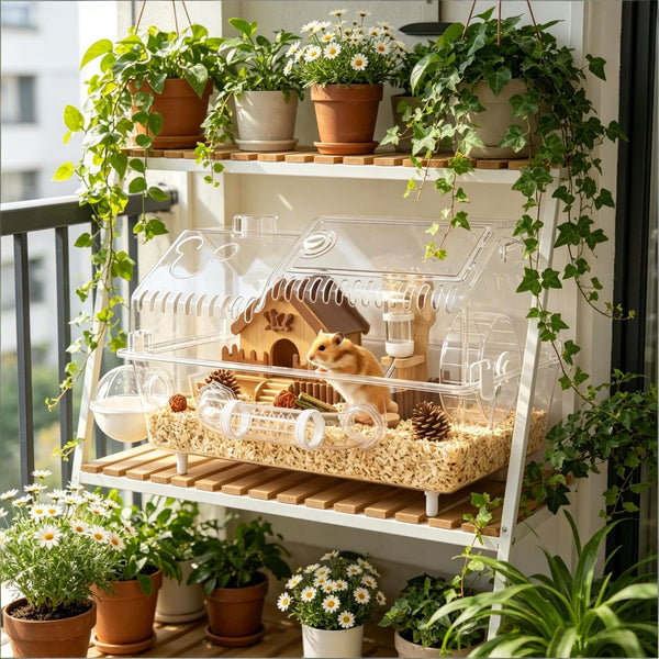 English Elm Small Animal Habitat with Clear Pet Walls Pine Wood Accents and Built-in Exercise Wheel T3971P503883