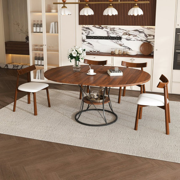English Elm 43 Inch Foldable Mdf Dining Set with Pu Cushioned Solid Wood Chairs Space Saving Walnut W2700S00128