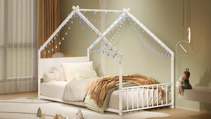English Elm Twin House Shaped Metal Bed Frame with Led Lights and Wood Slats for Kids W1820P356049