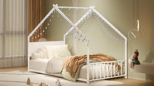 English Elm Twin House Shaped Metal Bed Frame with Led Lights and Wood Slats for Kids W1820P356049